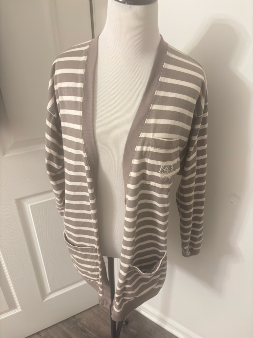 Striped Taupe and White Open Cardigan